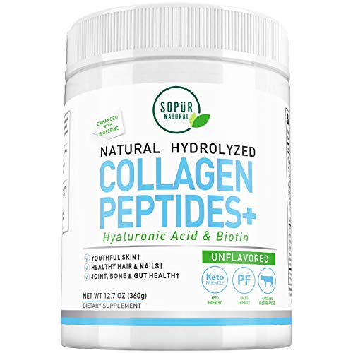 Sopur Natural Collagen Powder Peptides Plus with Hyaluronic Acid & Biotin. Natural Hydrolyzed Powder for Youthful Skin, Healthy Hair & Nails, Supports Bone & Gut Health. Unflavored, 30 Day Supply
