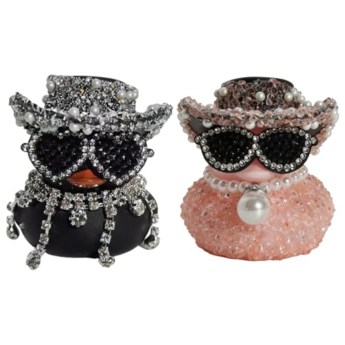 HTTDSLF 2 Pièces Pink Diamond Quietscheente, Strass Canard Voiture Drôles Décoration Tableau de Bord Voiture avec Scintillant Chapeau de Cowboy Couronne et Lunettes...