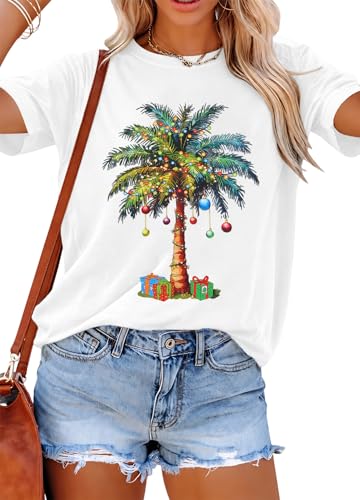 KIDDAD Christmas Shirts for Women Palm Tree Shirt Christmas Hawaiian Tshirt Summer Holiday Tee Hawaii Beach Party Tops White
