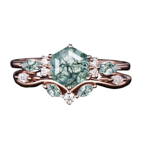 10K 14K 18K Rose Gold 2CT Natural Moss Agate Engagement Ring Set for Women 925 Sterling Silver Genuine Hexagon Green Moss Agate Leaf Art Deco Bridal Wedding Ring Set (Size 4-15)-2