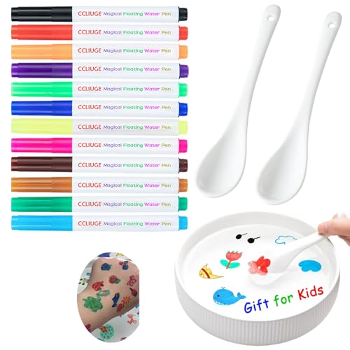 Magical Drawing Pens for Kids Water Kiddies Create Magical Floating Drawings Bundle 12 Colors Magic Water Painting Marker Set with 2 Spoons Water Art Pen Kit for DIY Tattoo Gifts for Boys & Girls