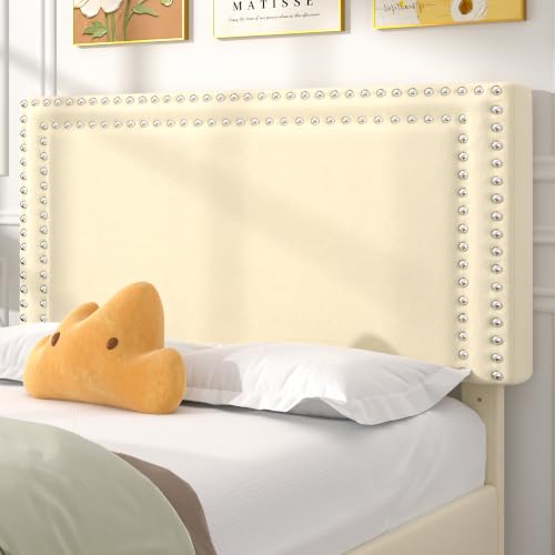 Image of VECELO Twin Size Upholstered Bed Frame with Storage Drawer, Adjustable Velvet Rivet Decor Headboard, Wooden Slats Platform Support, No Box Spring Needed, Easy Assembly,Beige