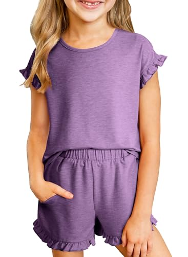 blibean Tween Girls Summer Clothes Sets Big Kids Ruffled Short Sleeve Outfits Teen Trendy Two Piece Clothing Athletic Matching Dress Shirt Shorts Fashion Rompers Size 8-9 Years Old Lavender