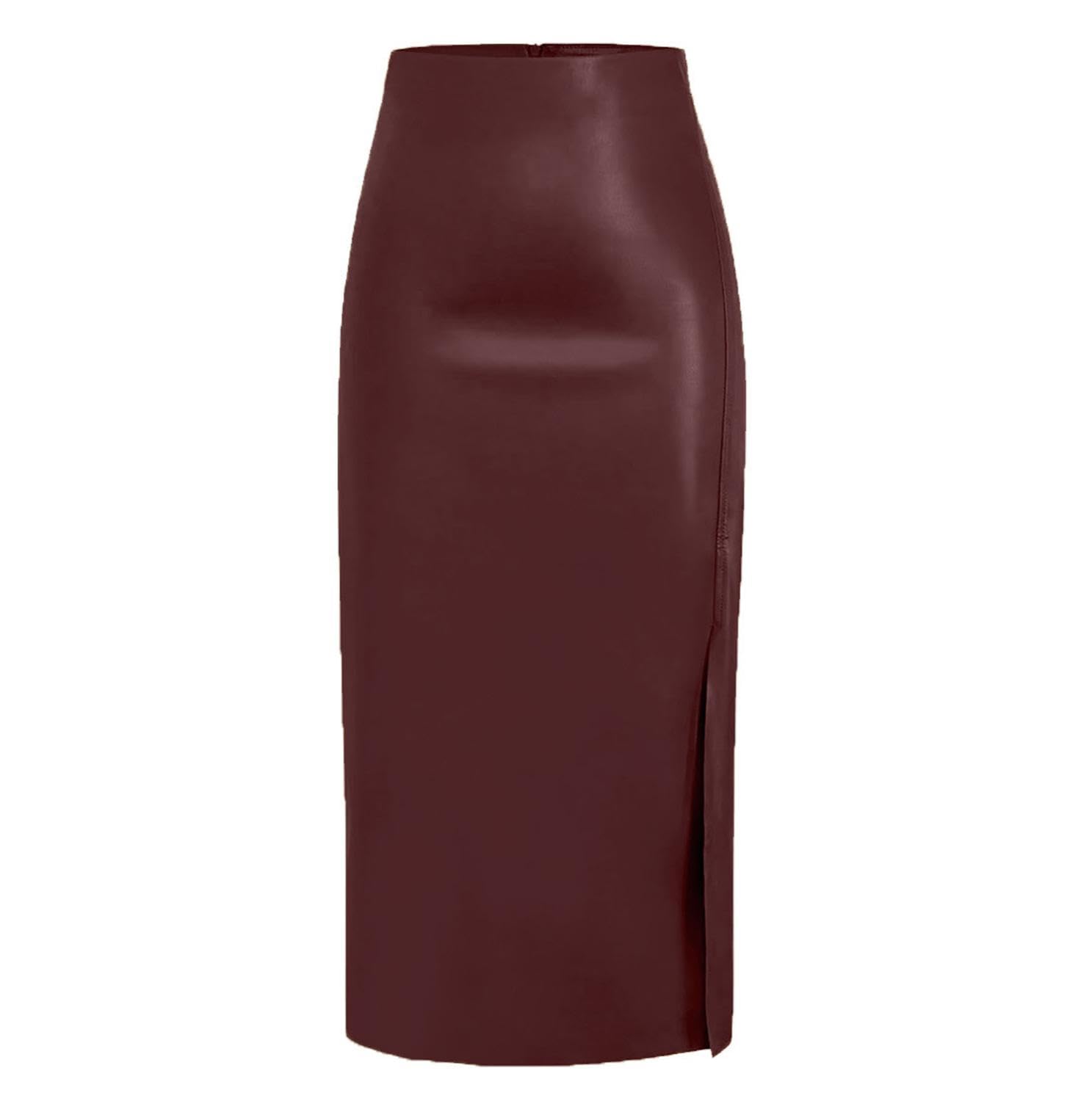 Women High Waisted Faux Leather Side Slit Skirt PU Leather Bodycon Split Thigh Long Skirt