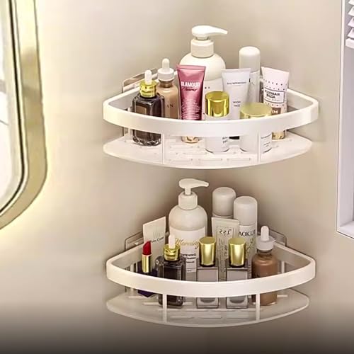2LWAT Wall Mounted Shower Organizer, 2 Tier No Drilling Adhesive Shelf, Bathroom Shower Caddy with Hooks, Suction Cup, White
