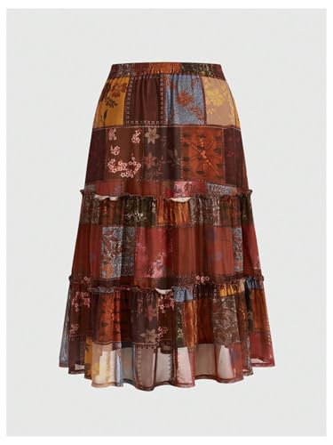 Verdusa Women's Plus Size Boho Printed Ruffle Skirt Drawstring High Waisted Flowy Long Skirts2