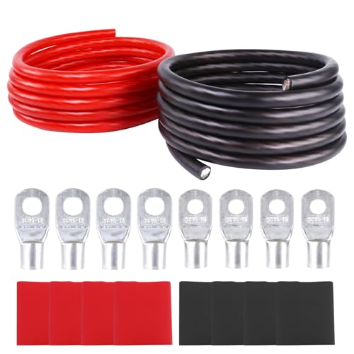 SUNNAREPOON 2/0 Gauge Battery Cable (12 Feet Black 12 Feet Red) - 2/0 AWG CCA Welding Wire with SC Connector Lugs & 3:1 Heat Shrink Tubes for Solar Car RV Truck