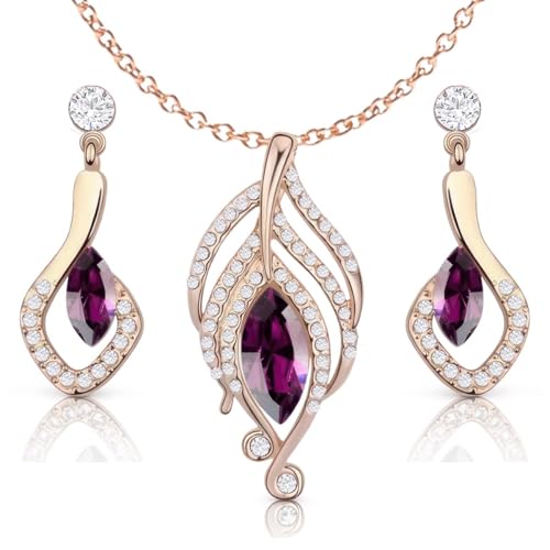Crystalline Azuria Crystals Simulated Amethyst Set Pendant Necklace 18 inches Earrings 18K Rose Gold Plated for Women