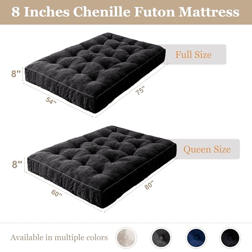 YOSHOOT 8 Inches Futon Mattress Queen Size, Thick Futons Sofa Couch Bed, Chenille Fabric Floor Mattress for Adults, Shredded Foam Filling, Medium Firm(Frame Not Included), Black, 59"x80" by YOSHOOT - Image 2