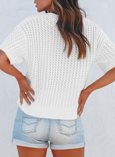 Dokotoo Womens Casual Summer Tops V Neck Short Sleeve Shirts Solid Hollow Out Lightweight Loose Fit Sweater Blouses4