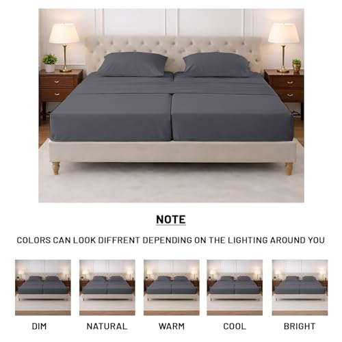 Image of SGI Split King Sheet Set for Adjustable Bed Egyptian Premium Cotton 600 Thread Count Sheets for Sleep Number Bed 15 inch Deep Pocket 5 Pc Set with 2 Twin XL Fitted Sheets Soft Breathable -Dark Gray
