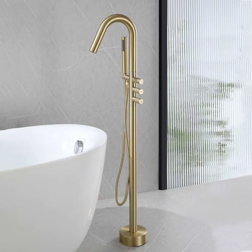Grifo de Bañera Independiente Oro Cepillado Cuello de Cisne Grifos Duchas de Baño Montaje en Suelo Cobre Rotación de 360°