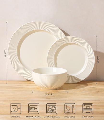 Image of TheTerra Ceramic Dinnerware Sets for 4, 12 Pieces Porcelain Lightweight Plates and Bowls Sets, Scratch Resistant Dish Set, Oven, Microwave & Dishwasher Safe, Ivory