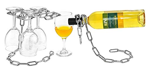 Southern Homewares Magic Floating Chain Wine Glass Stemware Rack & Wine Bottle Holder Set Chrome Free Standing Holder