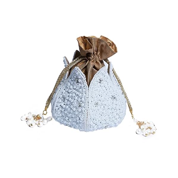 SWISNI Women's Pearl White Lotus Potli Bag | Raw Silk | Best for gifting on and Christmas | Bridal Ethnic Potli Bag for party wedding special occasions 55 Inch - Image 5