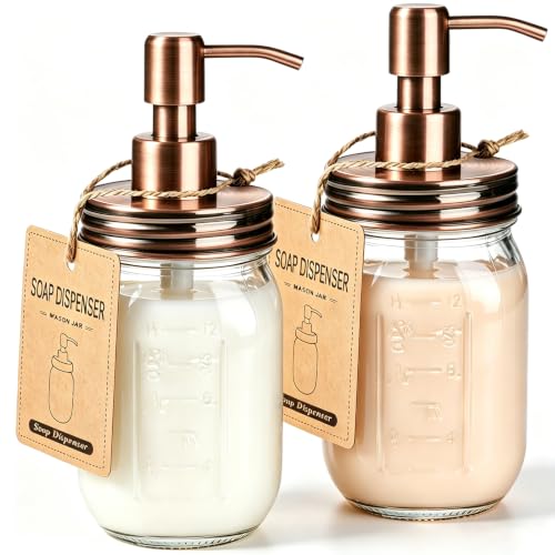 Image of Amolliar Mason Jar Liquid Soap Dispenser, Lotion Dispenser, Copper 2 Pack | 16OZ Glass Soap Dispenser, Stainless Steel Soap Pump Lid, Farmhouse Decor, Refillable Hand Dish Soap for Bathroom Kitchen