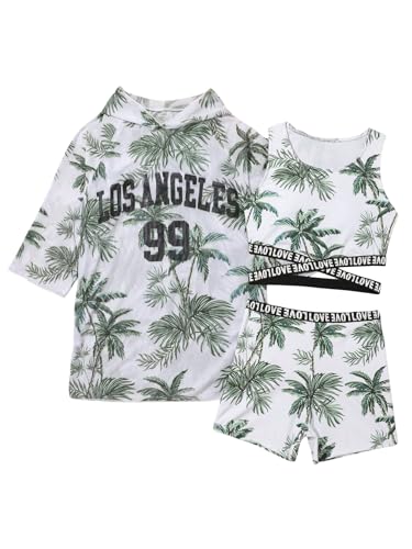 Image of Girl's 3 Piece Set Coconut Tree Print Criss Cross Waist Bikini Sets with Cover Up Hoodies Green 150
