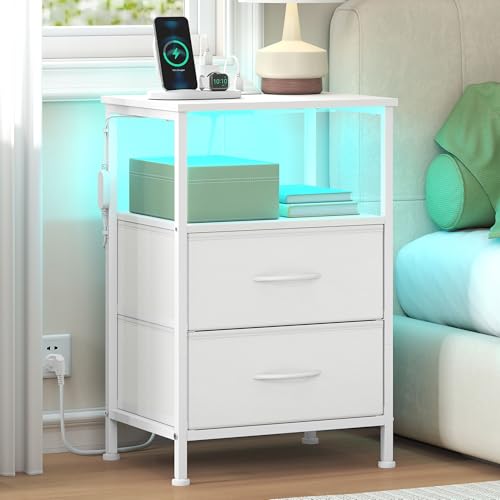 SONGMICS Collection BELLAH - Table de Chevet avec Multiprise, Table d'Appoint avec Éclairage LED Réglable, 1 Étagère Ouverte et 2 Tiroirs, Chambre, Blanc...