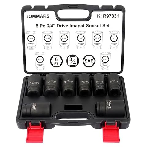 TOMMARS 6 Point Axle Nut Socket Set, 8-PC 3/4 Inch Drive Deep Impact Socket Set, CR-MO, 1", 1-1/16", 1-1/8", 1-1/4", 1-5/16", 1-3/8", 1-7/16", 1-1/2" SAE Socket Set. Cover