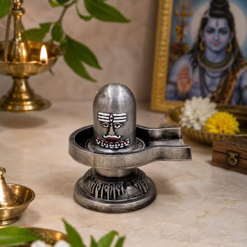 Image of Metal Shivling for Home Puja | Antique Brass Finish Shiv Ling Murti | Mahakal Shivling Idol for Temple, Office Desk & Meditation | Shiva Lingam Spiritual Gift (Silver Metal Shivling)