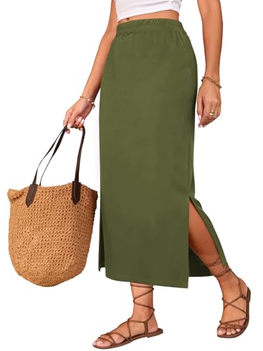 Image of Poetsky Maxi Skirt for Women Summer Side Slit Pencil Skirts Elastic High Waisted Long Skirt