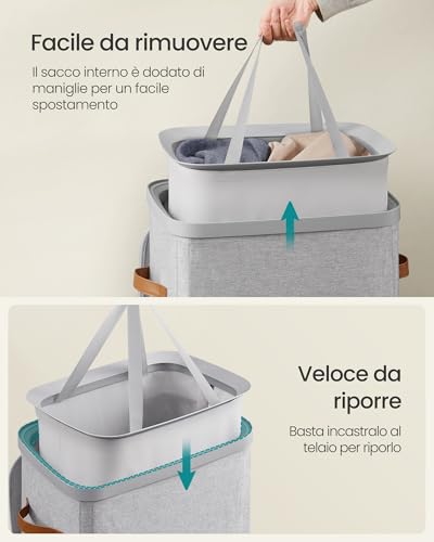 SONGMICS Cesto Portabiancheria, Porta Biancheria Sporca da 100 L, Montaggio Facile, con Coperchio Maniglie, Sacco Interno Rimovibile, 42 x 32 x 75 cm, Grigio Tortora LCB811GD01 - Immagine 4