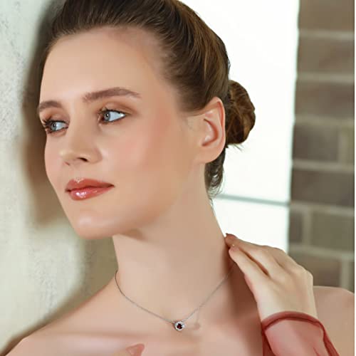 B. Brilliant Ruby Necklace For Women Sterling Silver Synthetic Gemstone And White Topaz Round Halo Slide Short Choker Pendant For Girls Bridesmaids Birthstone #TOP1