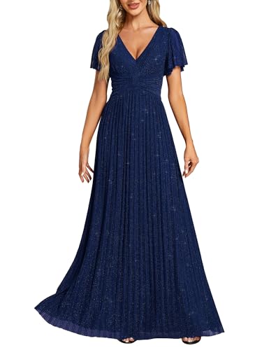 Ever-Pretty Kleid Elegant Damen Festlich Lang Ballkleid Maxi Hell Abendkleider Elegant für Hochzeit A Line Kurze Ärmel Navy Blau 44