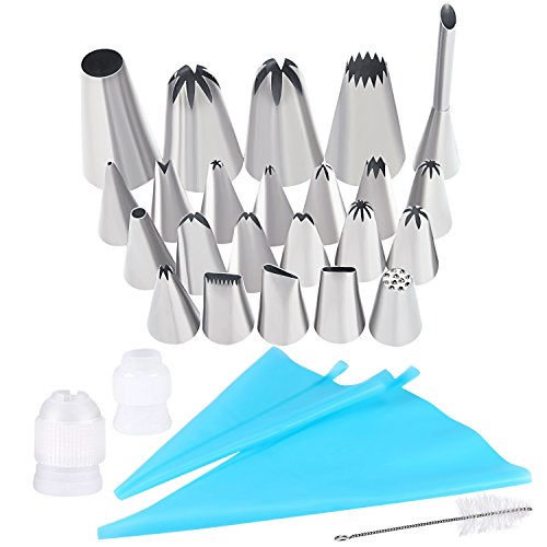 WEBSUN 28 PCS Cake Decorating Supplies Kit - 23 Icing Tips, 2 Silicone Pastry Bags, 2 Reusable Plastic Couplers & 1 Cleaning Brush. Professional Baking Supplies Frosting Tools Set for Cupcakes Cookies