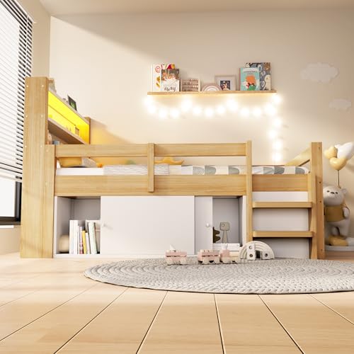Cama individual con puertos USB y luces LED integradas en madera 6