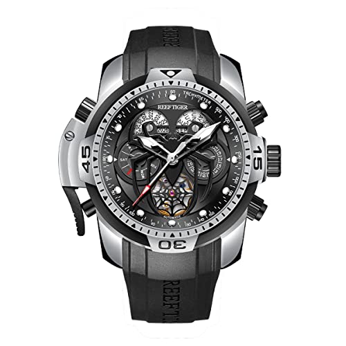 REEF TIGER Fashion Style Sport Automatik Uhr Spinne Zifferblatt mit Kompliziertem Jahr Monat Ewiger Kalender Mechanische Gummi Uhren RGA3532SP (RGA3532SP-YBR)