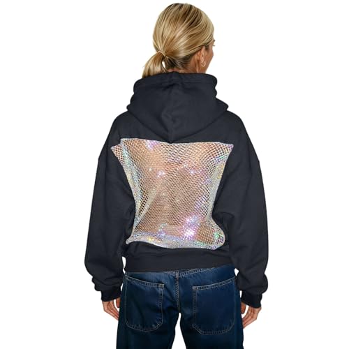 Image of Generisch Women's Hoodie, Hollow Mesh Back Hoodie, Transparent Pullover, Backless Mesh Hoody with Pockets, Plain Hoodie, See Through Long Sleeve Sweatshirt, black, S