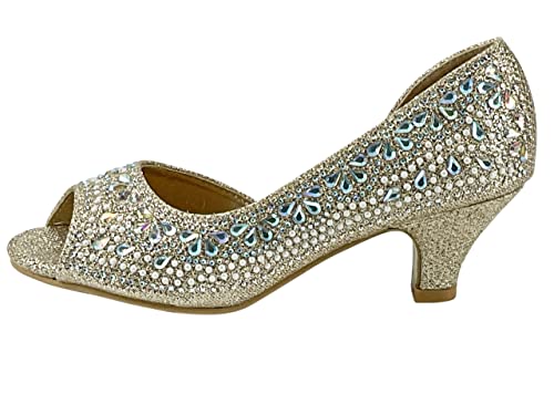 Image of Girls Fashion Kitten Heels - Glittering Rhinestone Dress Shoes for Kids - Peep Toe Low Pump Sandals for Fancy Events - Great for Weddings, Pageants, Church, and More