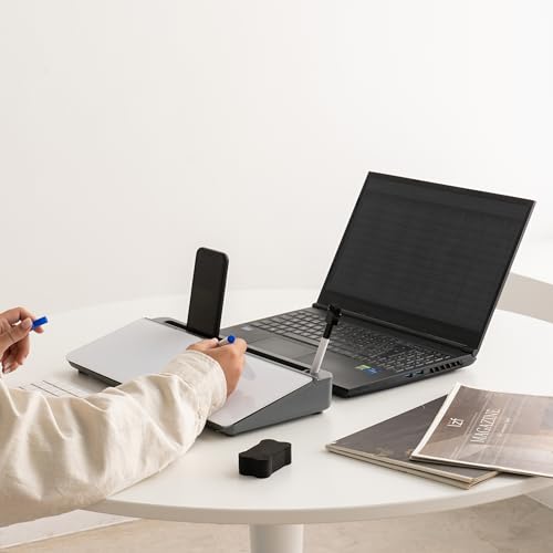 Image of GAROOD Desktop Dry Erase Board with Storage (Grey Base) Desk Desk Board Glass Desktop White Board with Stand Home Office Organizer Phone Holder 15.8X7X2 inches