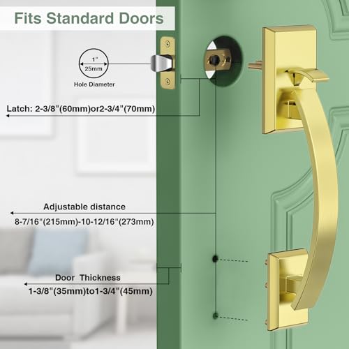 Image of Front Door Handle Gold Adjustable, Heavy 12.7in Exterior Entry Knob, Reversible
