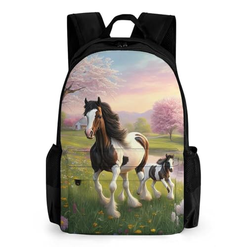 Gypsy Vanner Horse Mare And Foal In Spring Pasture Art Daypack Lightweight Multipurpose Anti-Theft Shoulder Bag Large Capacity Laptop Book Bag Rucksack With Adjustable Shoulder Straps