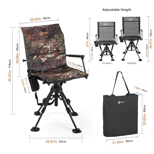 ARROWHEAD OUTDOOR Wide Folding 360° Hunting Swivel Blind Chair with Removable Camouflage Seat Pad, Armrest, No-Sink Feet, Shoulder Strap, Mesh Chair, Adjustable Height