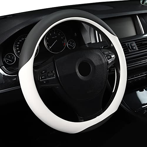 Image of Microfiber Leather 15 inch Universal Fit Car Steering Wheel Cover, Elastic Nonslip Breathable and Odorless, Grey & White