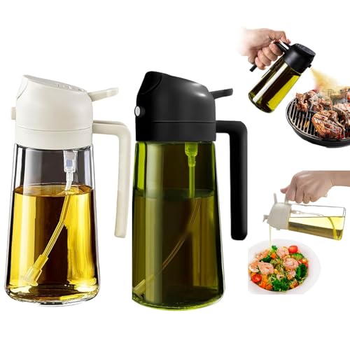 Ufardy Olive Oil Sprayer for Cooking 2 in 1, 2-Pack Food-grade Glass Olive Oil Dispenser Bottle for Kitchen, 16oz/470ml Oil Container for Baking, Air Fryer, Salad, Frying, BBQ, Roasting (Black)