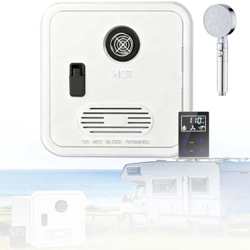 Propangas- Durchlauferhitzer Für Wohnmobile, 55.000 Btu, Durchflussmenge 11- 14, 8 L/ Min, Intelligente Fernbedienung, ±1 °C, 12 V Dc, Mit 40, 6 X 40, 6 Cm Großer Tür(White, With Shower)