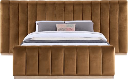Image of Meridian Furniture AmaraSaddle-Q117 Collection Modern | Contemporary Queen Bed,Ultra Luxe Saddle 460 GSM Velvet, Natural Finish, Solid Wood Base and Inner Frame, 117 inch W x 99 inch D x 51 inch H, Saddle, Queen