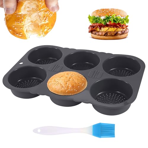 Yallmie Molde para Panecillos Silicona de Hamburguesa, Molde para Panecillos de Hamburguesa de 6 Cavidades de 10 Cm de -40 °C A 230°C Moldes Silicona Bollos Para Hornear Muffins para Donuts, Gofres