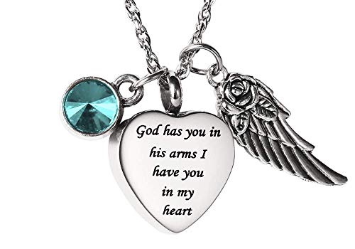 AMIST God Has You in His Arms Cremation Urn Necklaces for Ashes Keepsake with Birthstone and Memorial Angel Wing includes Ash Filling Tool Kit