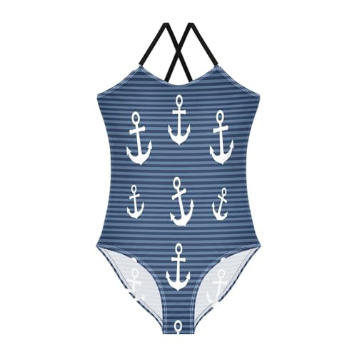 White Anchors Stripes Navy Blue Swimsuits for Girls One Piece, Summer Beach Swimsuit Girls, 3-10