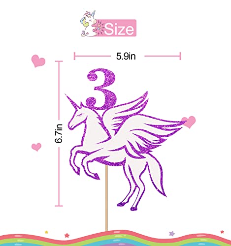 Unicorn 3Rd Birthday Cake Topper, Unicorn Three Cake Topper, Magic Unicorn Cake Decor, Unicorn Baby Girl 3Rd Birthday Party Decoration - Purple & White Glitter #TOP1