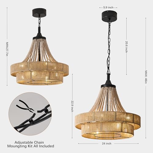 HEMLDAN 24” Modern Double Twine Drum Chandelier Fan with Adjustable Chain 8 Lights Rustic Pendant Fandelier Light with Remote Control for Bedroom Kitchen Island Dining Living Room (Twine, 24IN) - Image 6