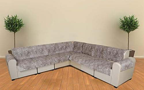 Image of l Shape Sofa Cover 7 Seater | Velvet Quilted Anti-Slip Sofa Cover Protector Covers | Sofa Cover for Living Room | Sofa Slipcovers | 3+2 (L-Shape) Quilted Luxe (Ash Grey)