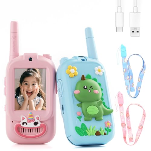 Video Walkie Talkies for Kids Kids Walkie Talkies 2 Pack with Cute Silicone Cover Voice Changer Fun Indoor Outdoor Toys Birthday Gift for Boys and Girls Ages 3-10 (Pink + Dinosaur)