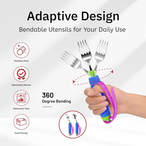 3 Pcs Adaptive Utensils for Disability, 360°Gadgets Swivel Fork Spoon with Adjustable Silicone Strap for Weak Hand Grip & Handicapped & Parkinsons Travel Eating Utensils for Disabled, Elderly - Image 3