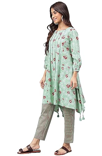 Image of Janasya Women's Green Cotton Floral Printed Kurta with Pant
